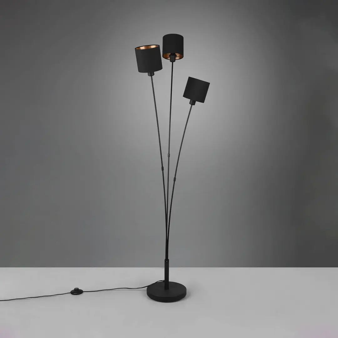 Reality Leuchten Stehlampe Tommy, schwarz/gold, Höhe 150 cm, 3-flg. Stoff