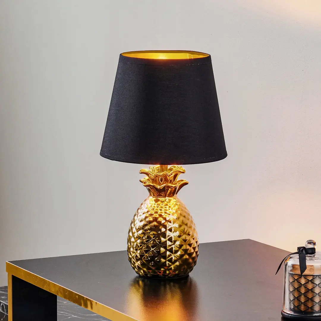 Reality Leuchten Edle Keramik-Tischlampe Pineapple in Gold-Schwarz