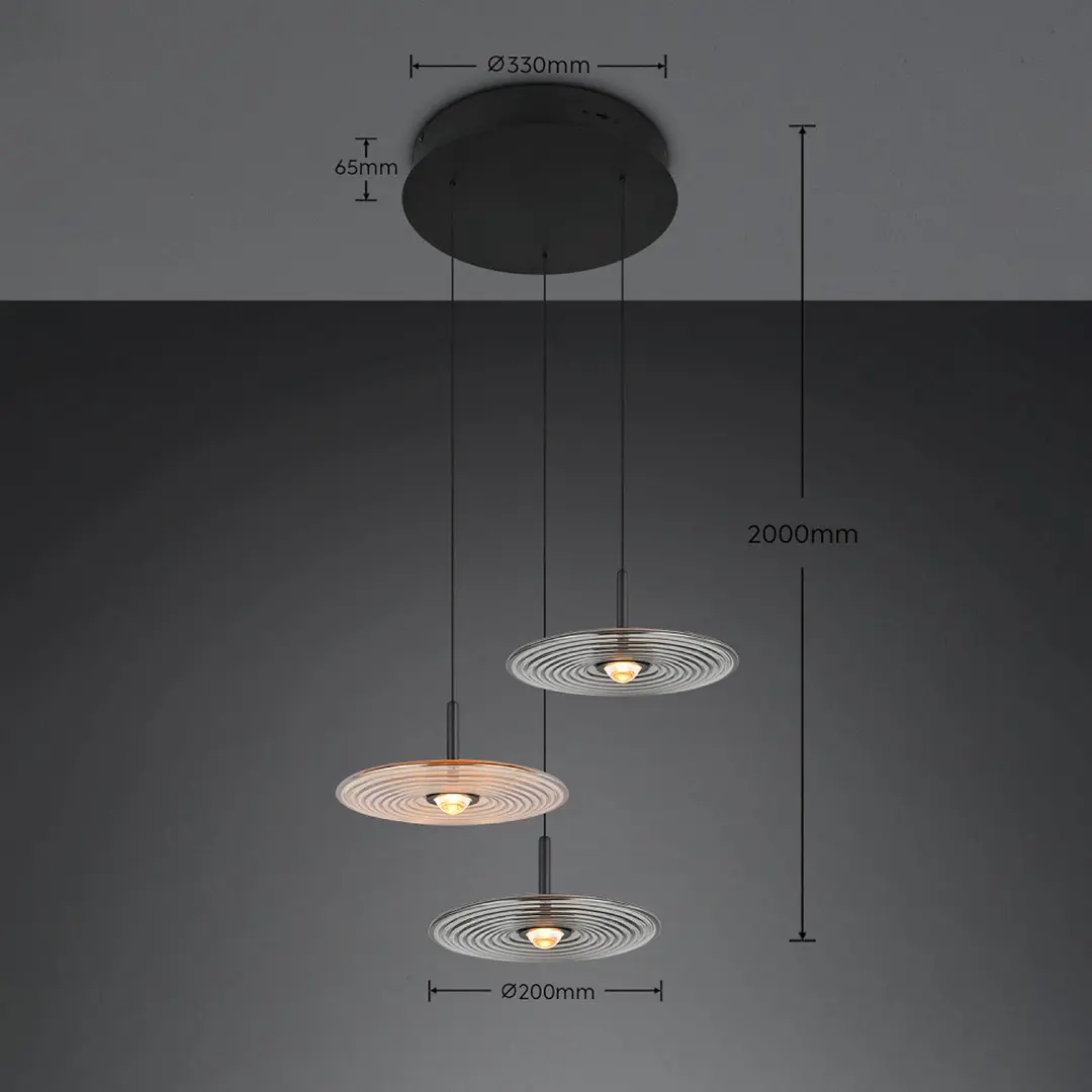 Trio Lighting LED-Hängelampe Sirena schwarz/amber/rauch Ø 41cm Glas 3-flg.