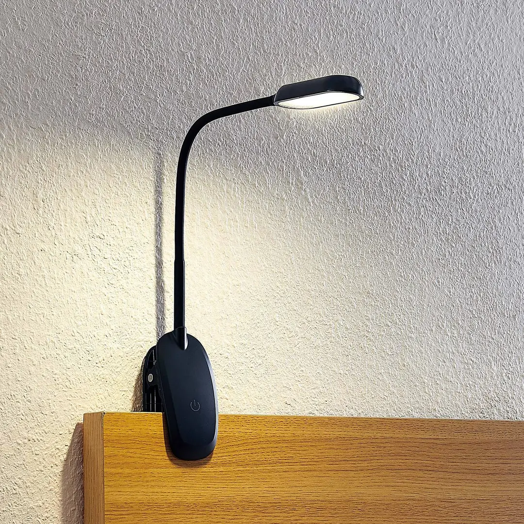 Prios LED-Klemmleuchte Najari, schwarz, Akku, USB, dimmbar