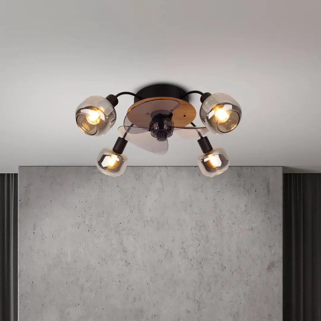 Naeve Leuchten Deckenventilator Fumoso, 4 E14 Rauchglas-Leuchten