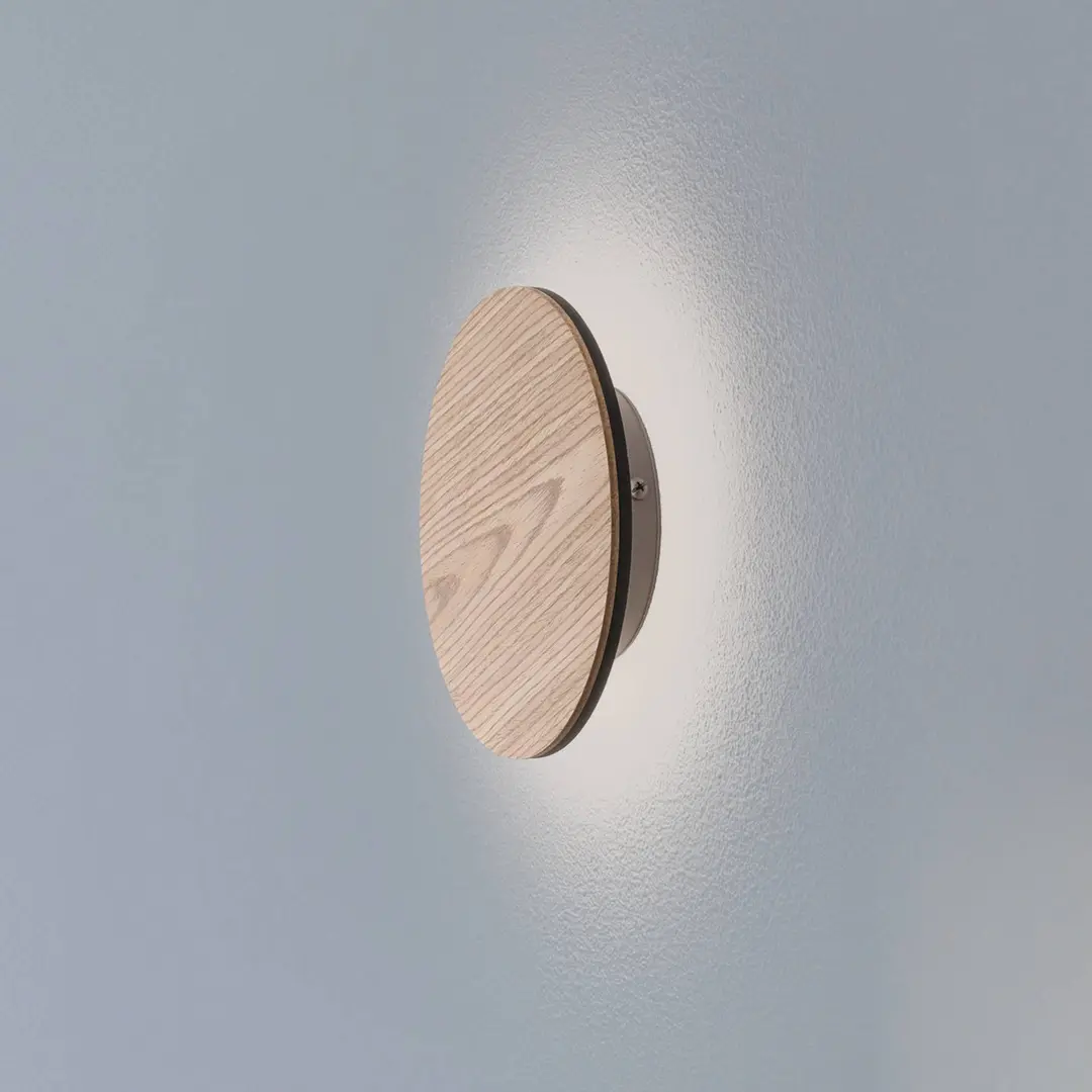 Argon LED-Wandleuchte Orios, Holz, Ø 20 cm, indirekt strahlend