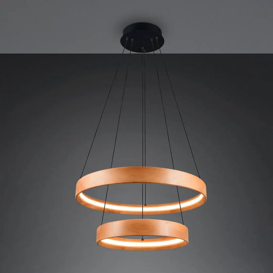 Trio Lighting LED-Hängelampe Lynwood, Ø 60 cm, holzfarben, Holz, 2-flg.
