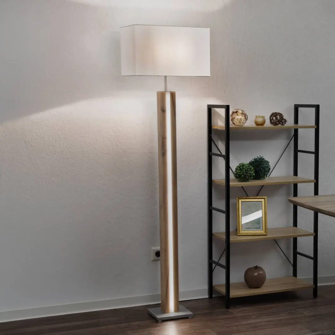 Globo Stehleuchte Forest, holz/beige, Textil, E27 + LED, dimmbar