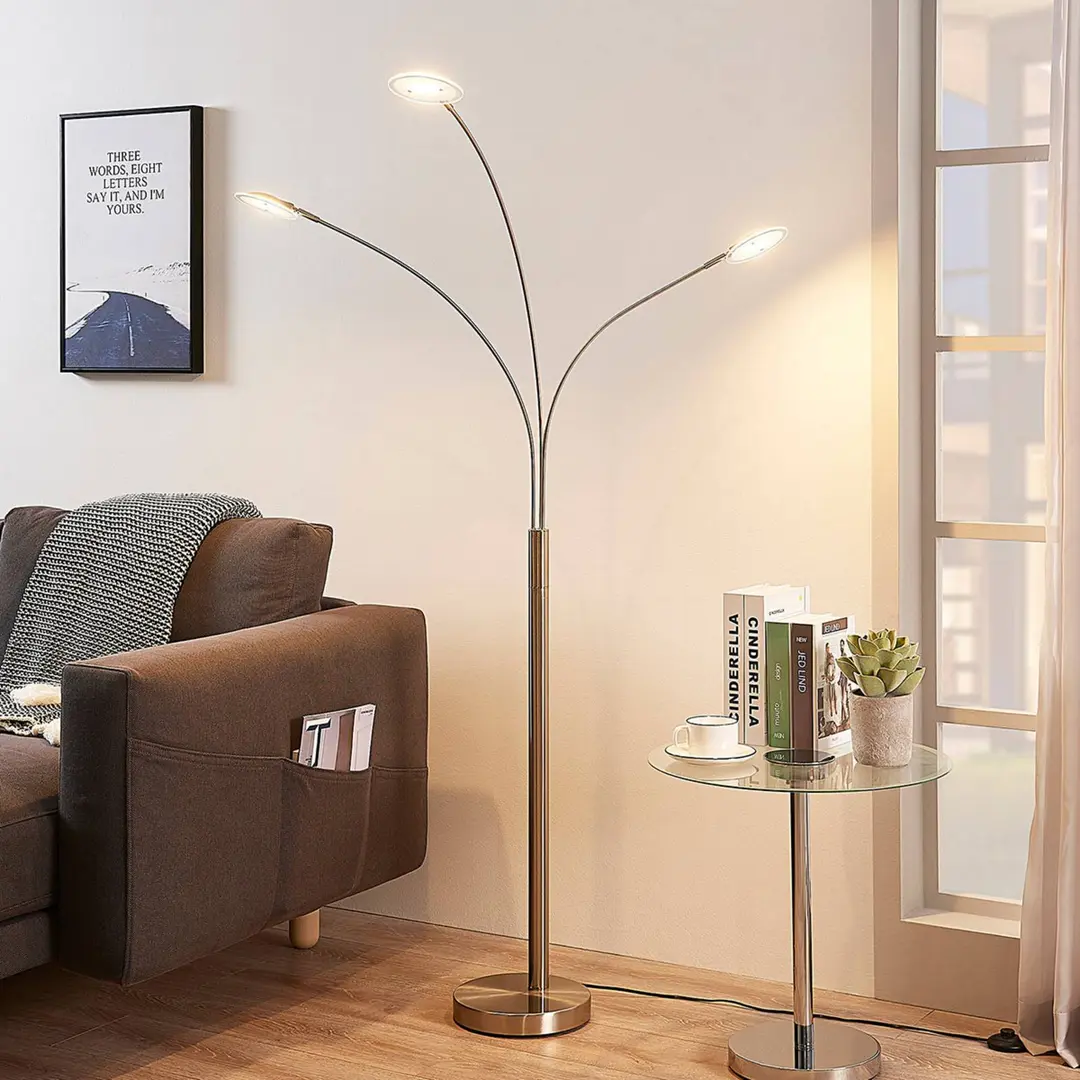 Lindby LED-Stehlampe Anea, 167 cm, 3-flammig, nickelfarben