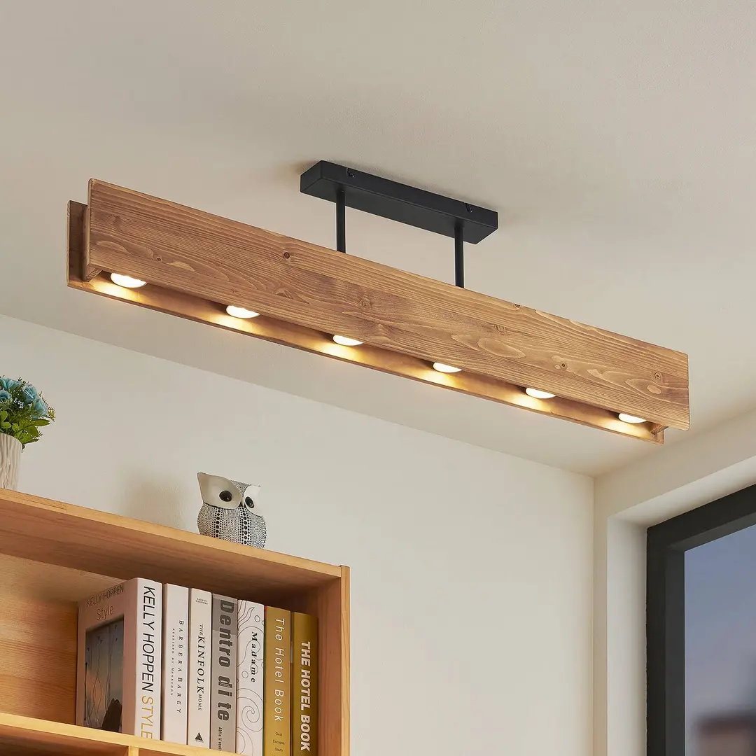 Lindby Deckenleuchte Malwin, GU10, 100 cm lang, 6-flg., Holz