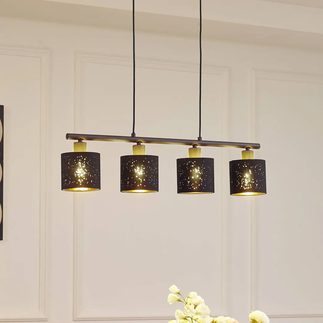 Lindby Pendelleuchte Vasilia, 75 cm, schwarz/gold, Stoff