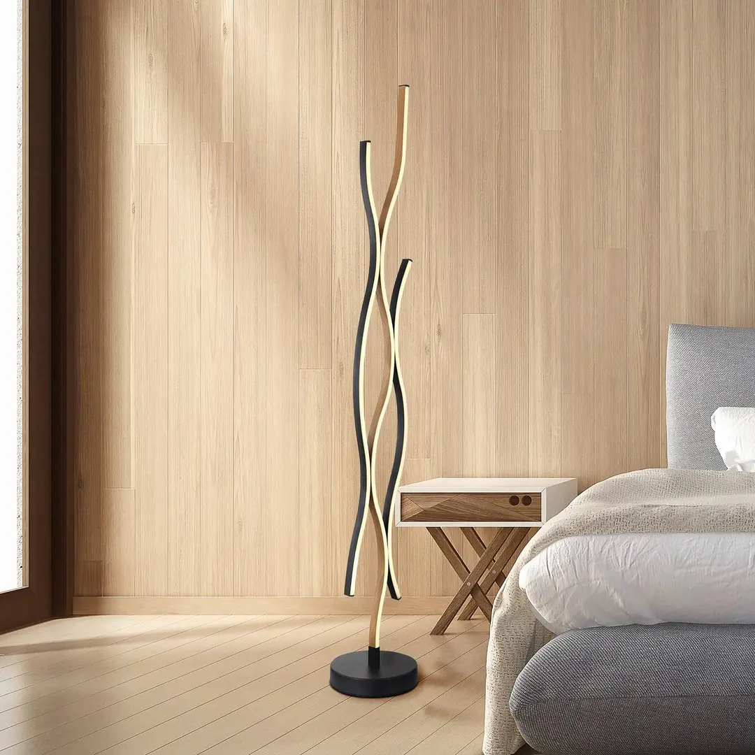 Globo LED-Stehlampe Geronimo, Höhe 135 cm, schwarz/Holzoptik