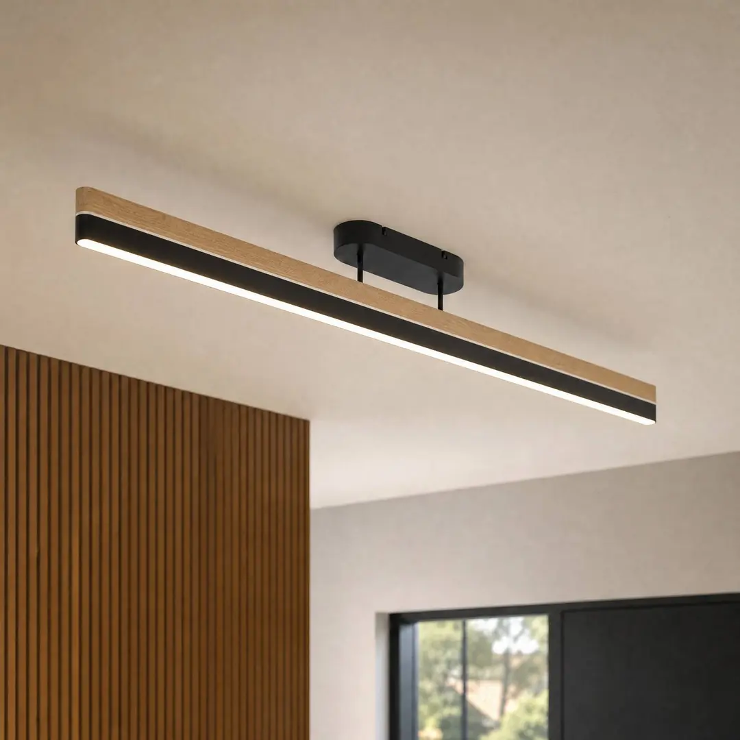 Lucande LED-Deckenleuchte Holven, schwarz/Holz, CCT, dimmbar