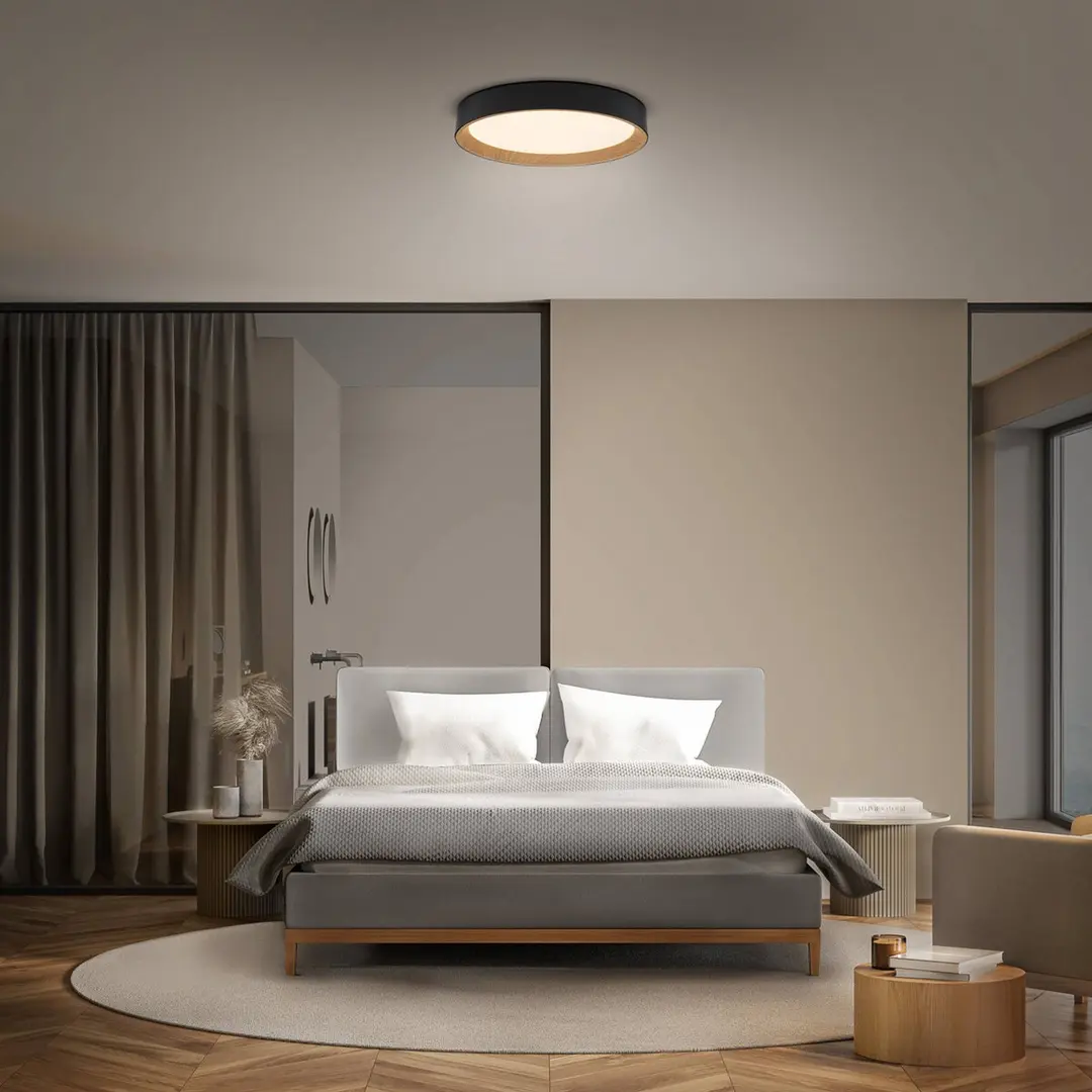 OSRAM LED-Deckenlampe ORBIS LARIOS, schwarz/holz Ø 49 cm dim