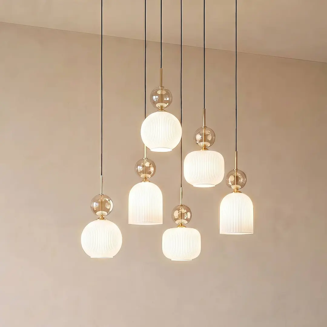 TK Lighting Hängelampe Sophia, 6-flammig, weiß/cognac, 65 cm lang, E14