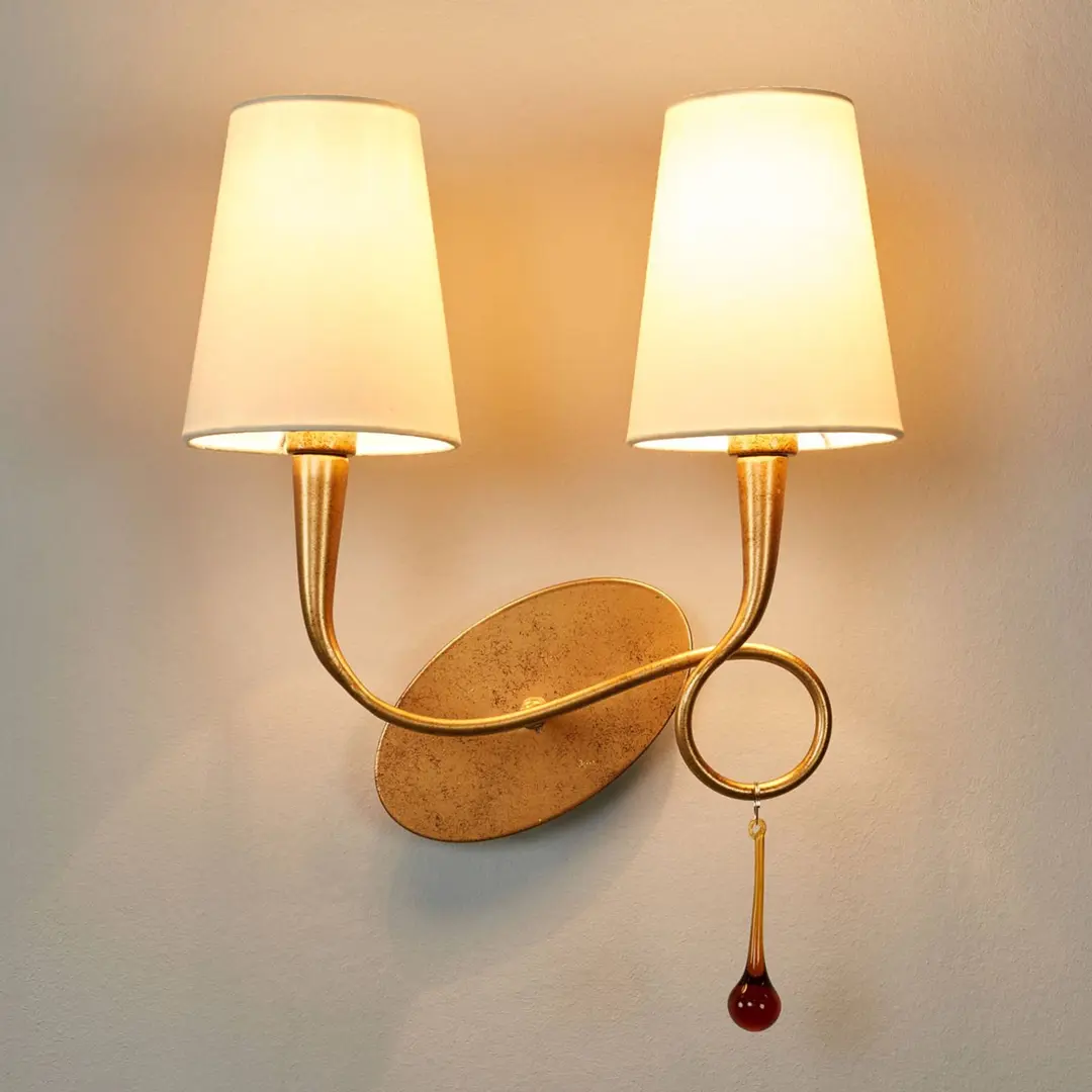 Mantra Iluminación Wandleuchte Paola 2fl gold mit Textilschirmen