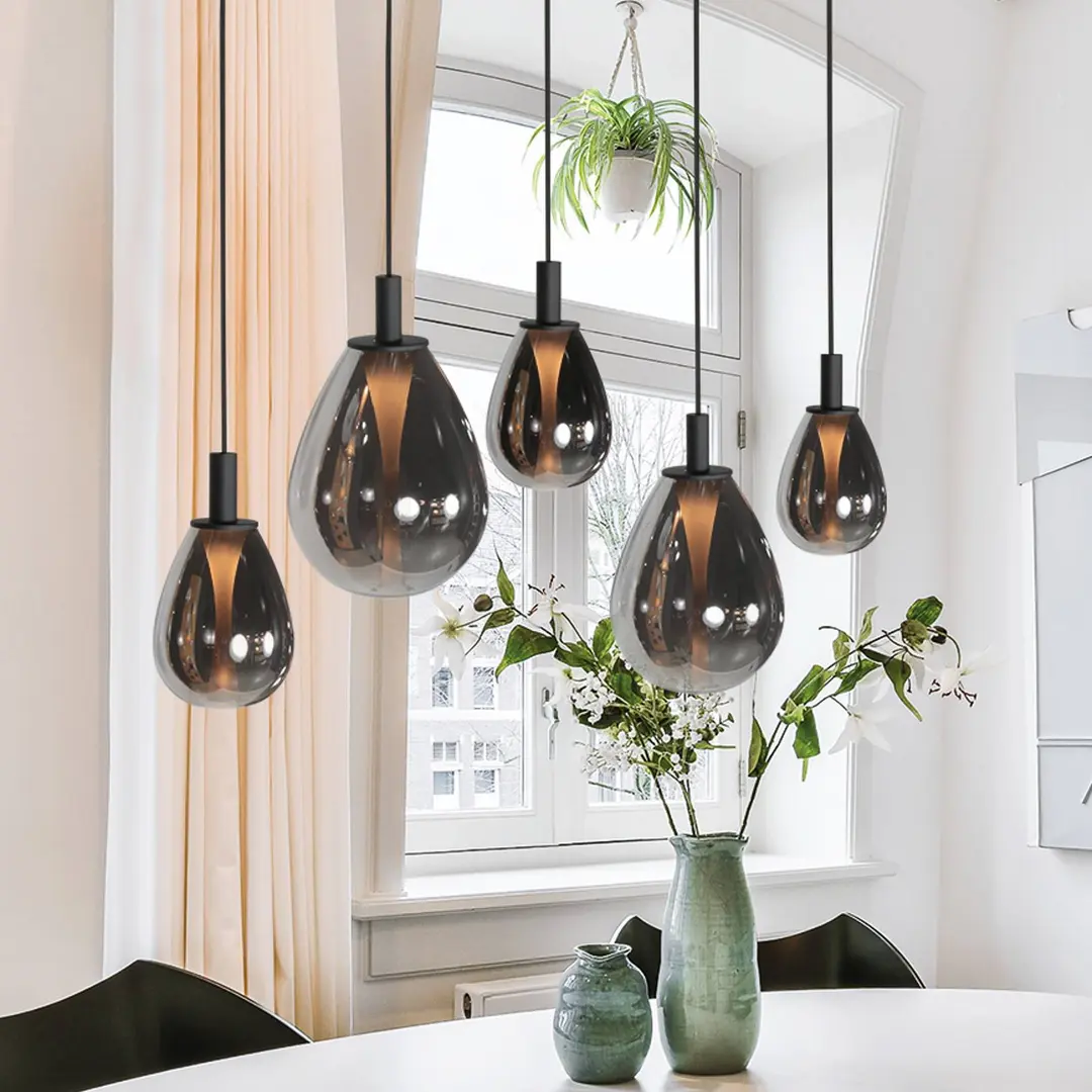 Mexlite LED-Pendellampe Glimsy, 115 cm schwarz/rauchgrau Glas, 5-fl.