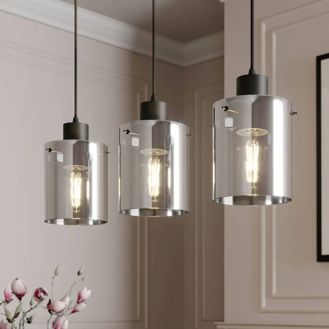 Lindby Hängelampe Kourtney, 3-flg., schwarz/grau, Glas, E27