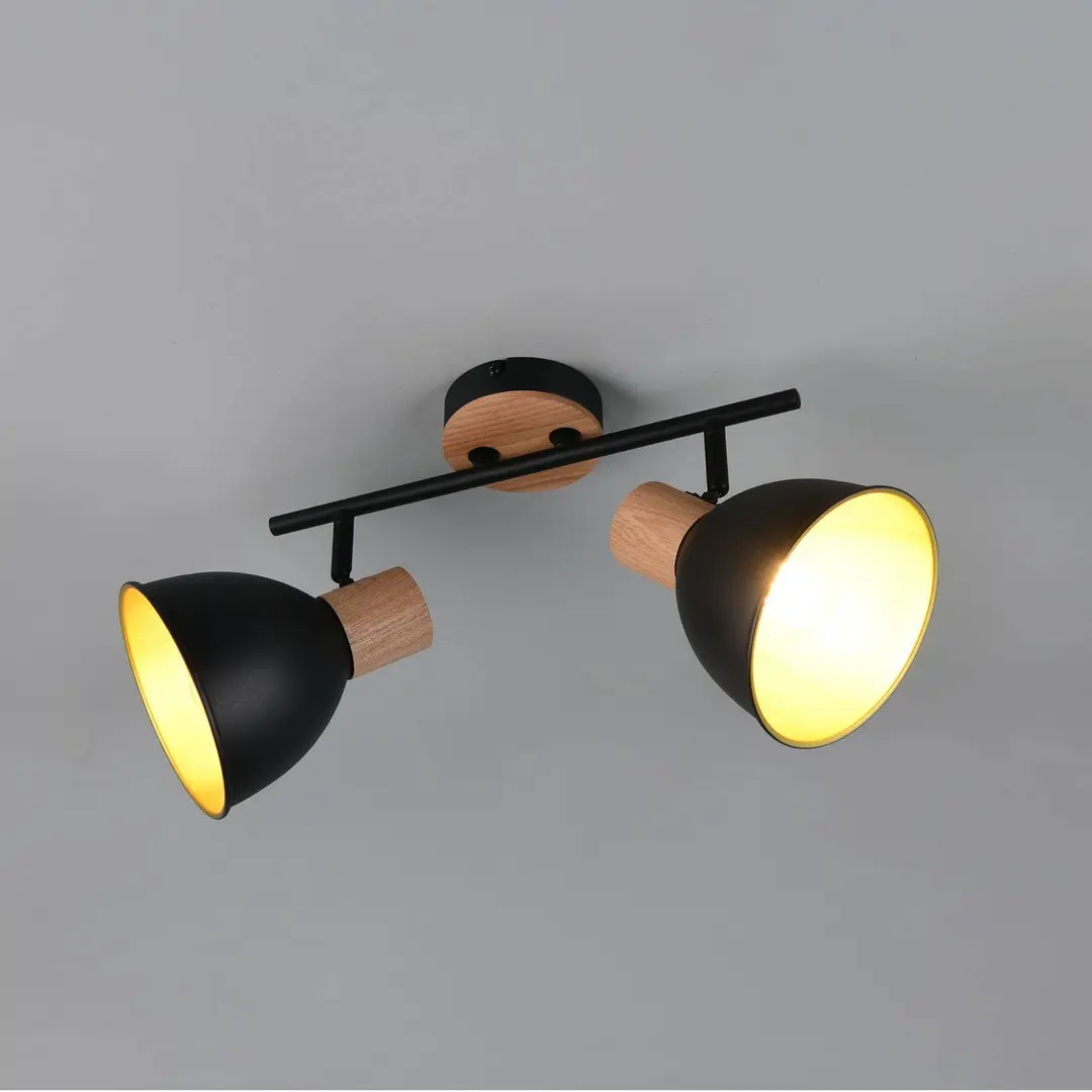 Reality Leuchten Deckenlampe Delume, schwarz, Länge 49 cm, 2-flg. Metall/Holz