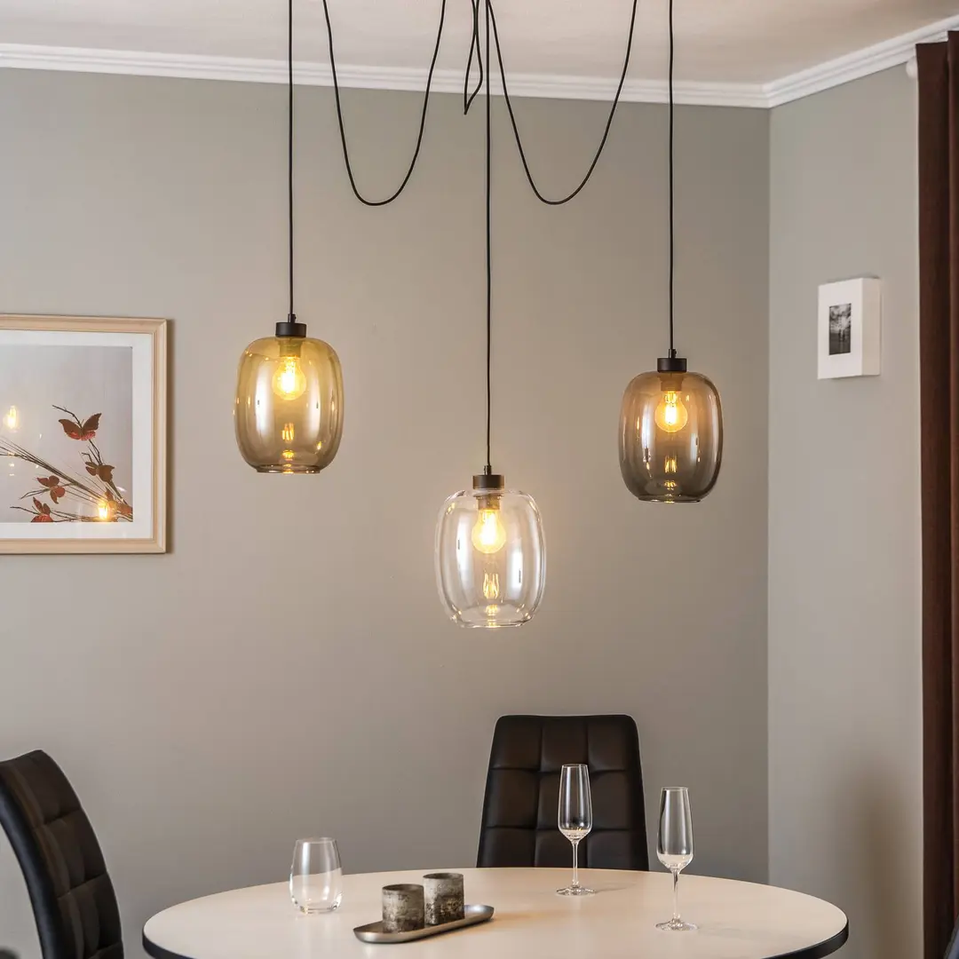 TK Lighting Hängeleuchte Elio, Glas, braun/klar/grau, 3-flg., dezentral