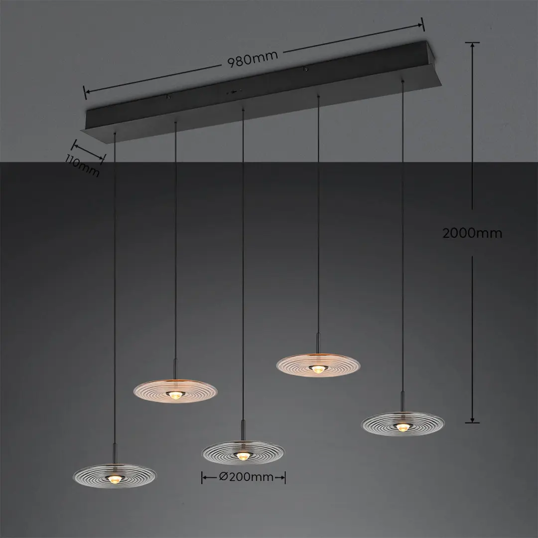 Trio Lighting LED-Hängelampe Sirena schwarz/amber/rauch 104 cm Glas 5-flg.