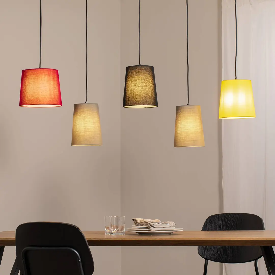 Lindby Hängelampe Amilia, Stoff, 5-flg., rot/grau/gelb, E27