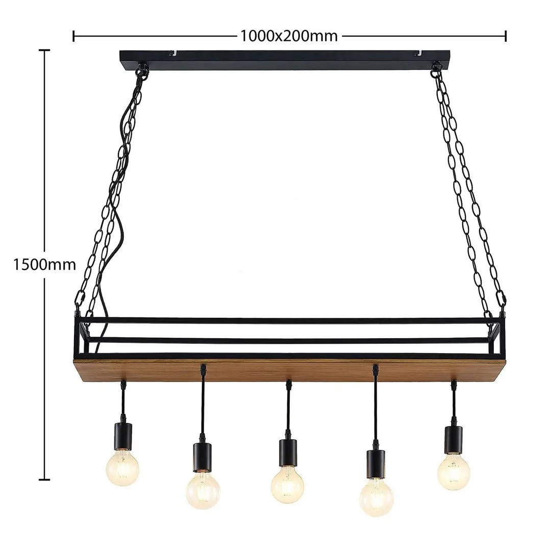 Lindby Hängelampe Kirista, 5-flg., schwarz/Holz, 100 cm, E27
