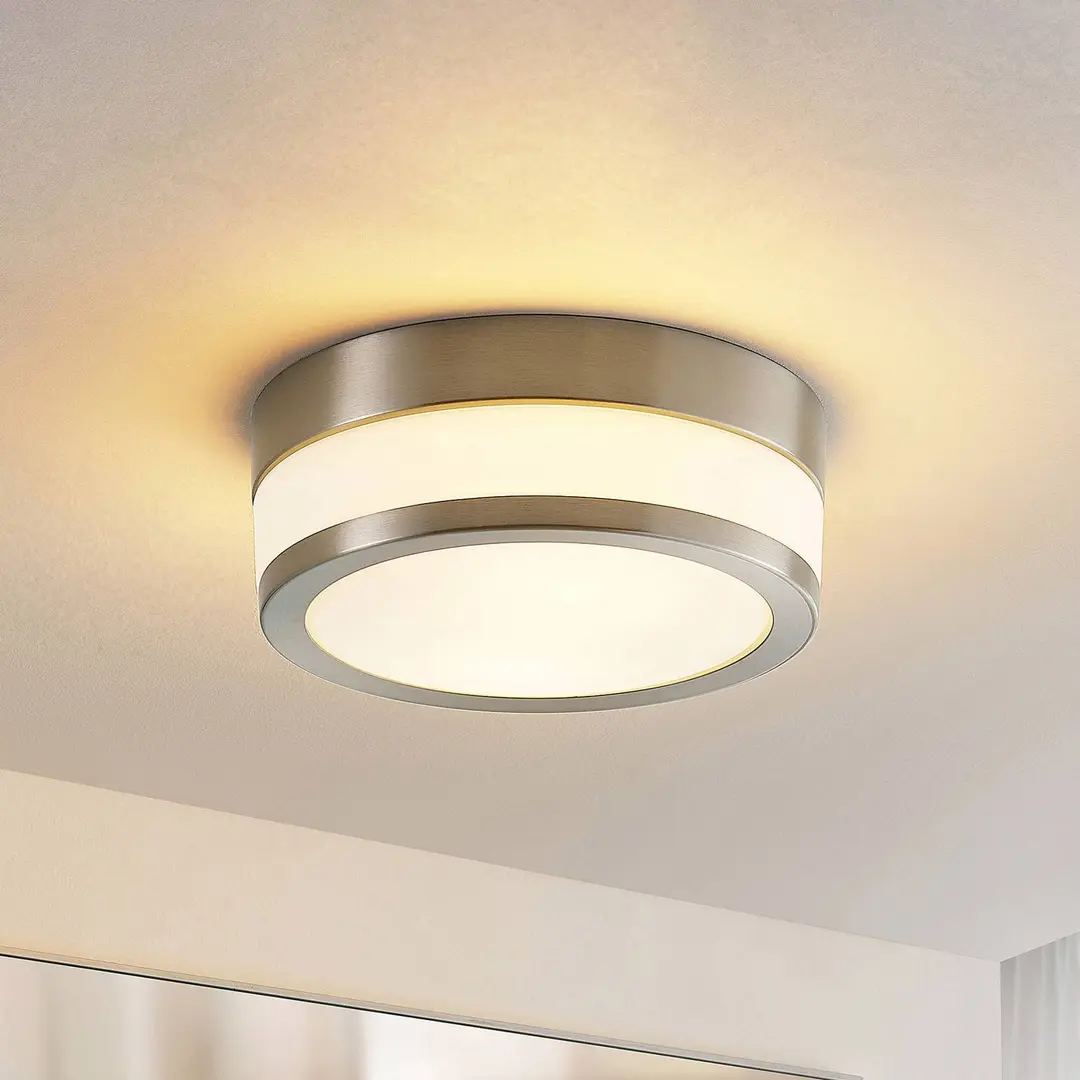 Lindby Deckenlampe Flavi, Ø 23 cm, nickel, Glas, IP44, E27