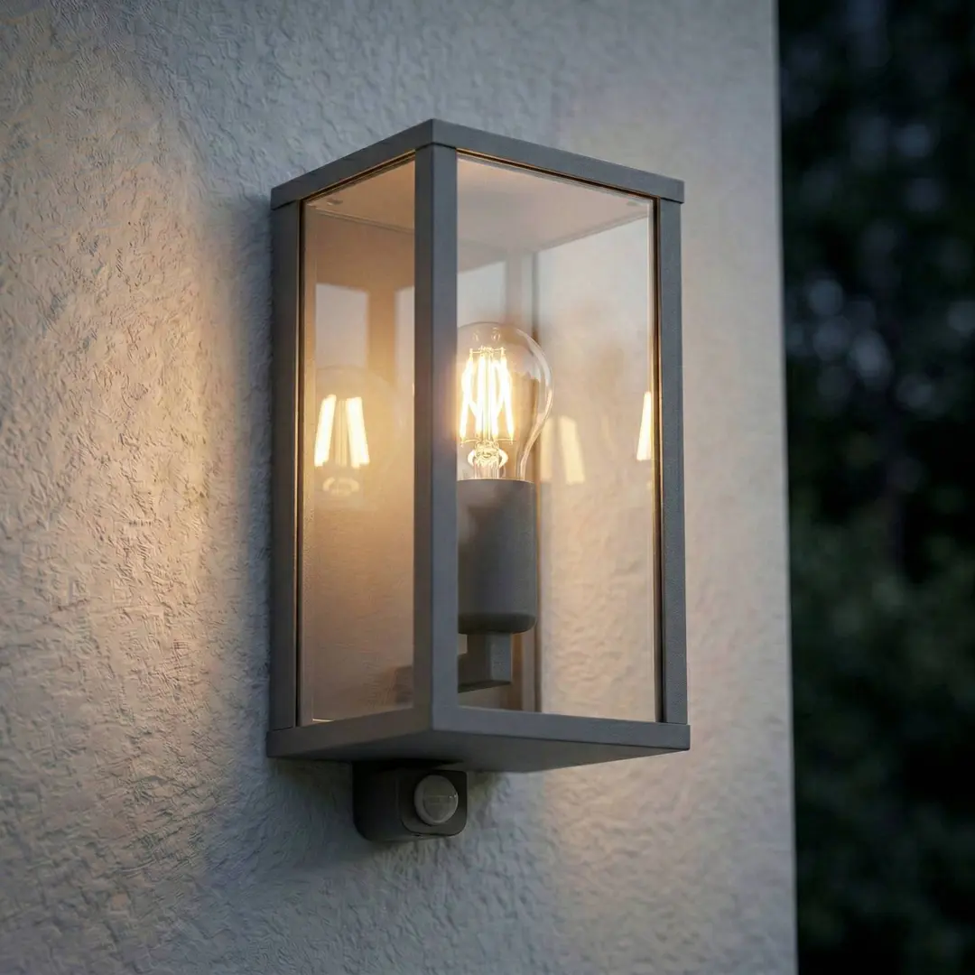 Lindby Außenwandlampe Peldar, anthrazit/klar, 26 cm, Sensor