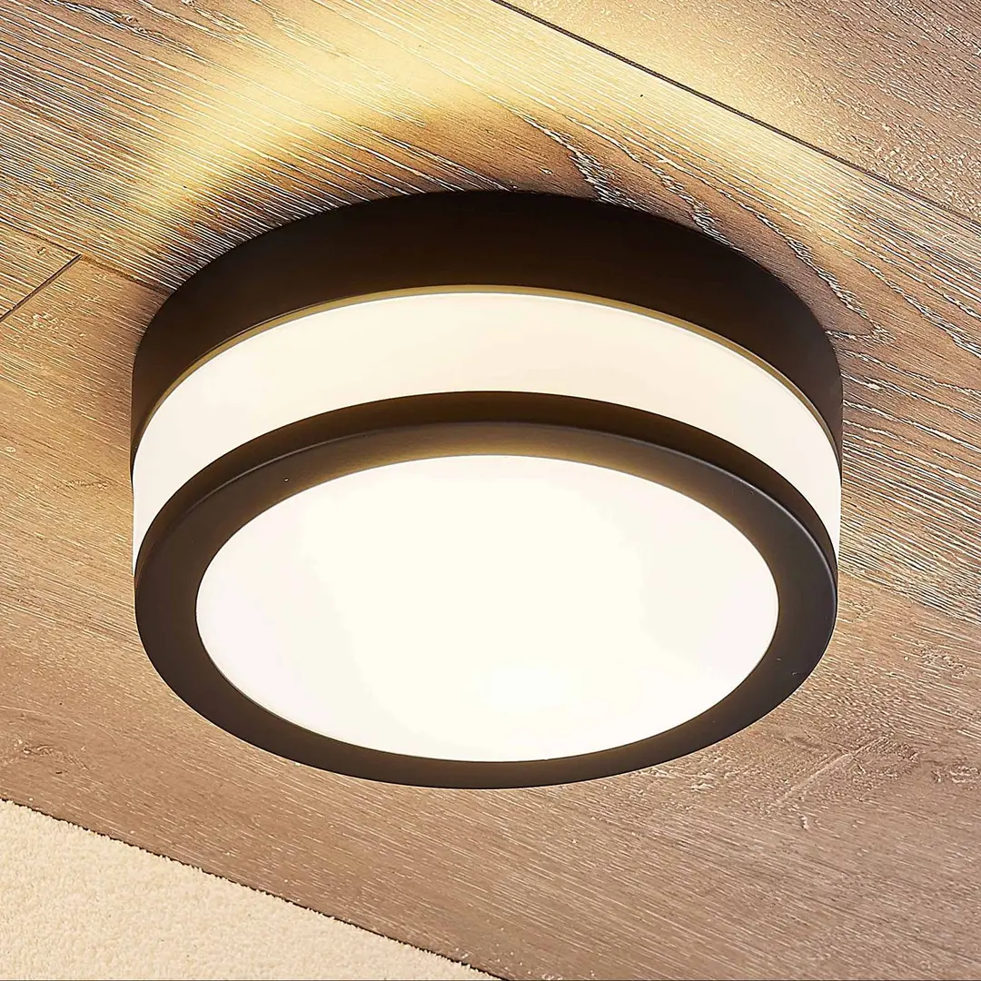 Lindby Deckenlampe Flavi, Ø 23 cm, schwarz, Glas, IP44, E27