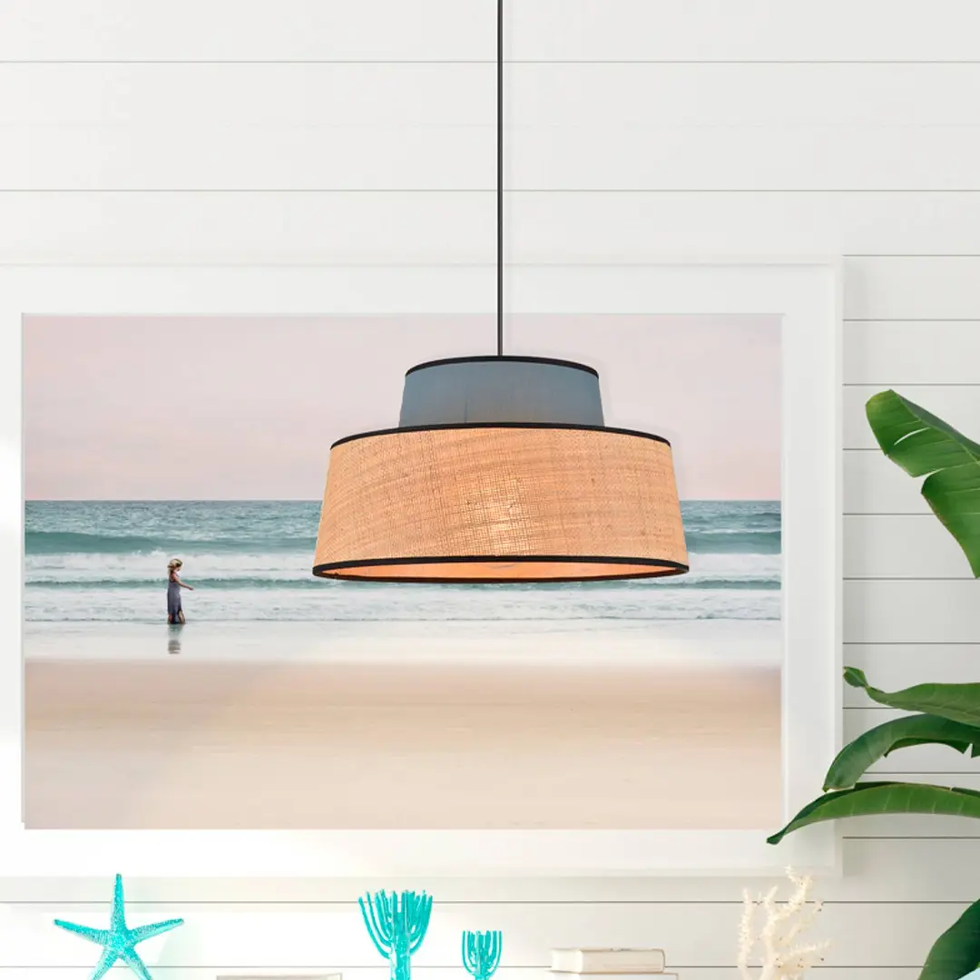 COREP Hängelampe Mallorca, petrol/naturfarben, Ø 38 cm, Stoff/Bast