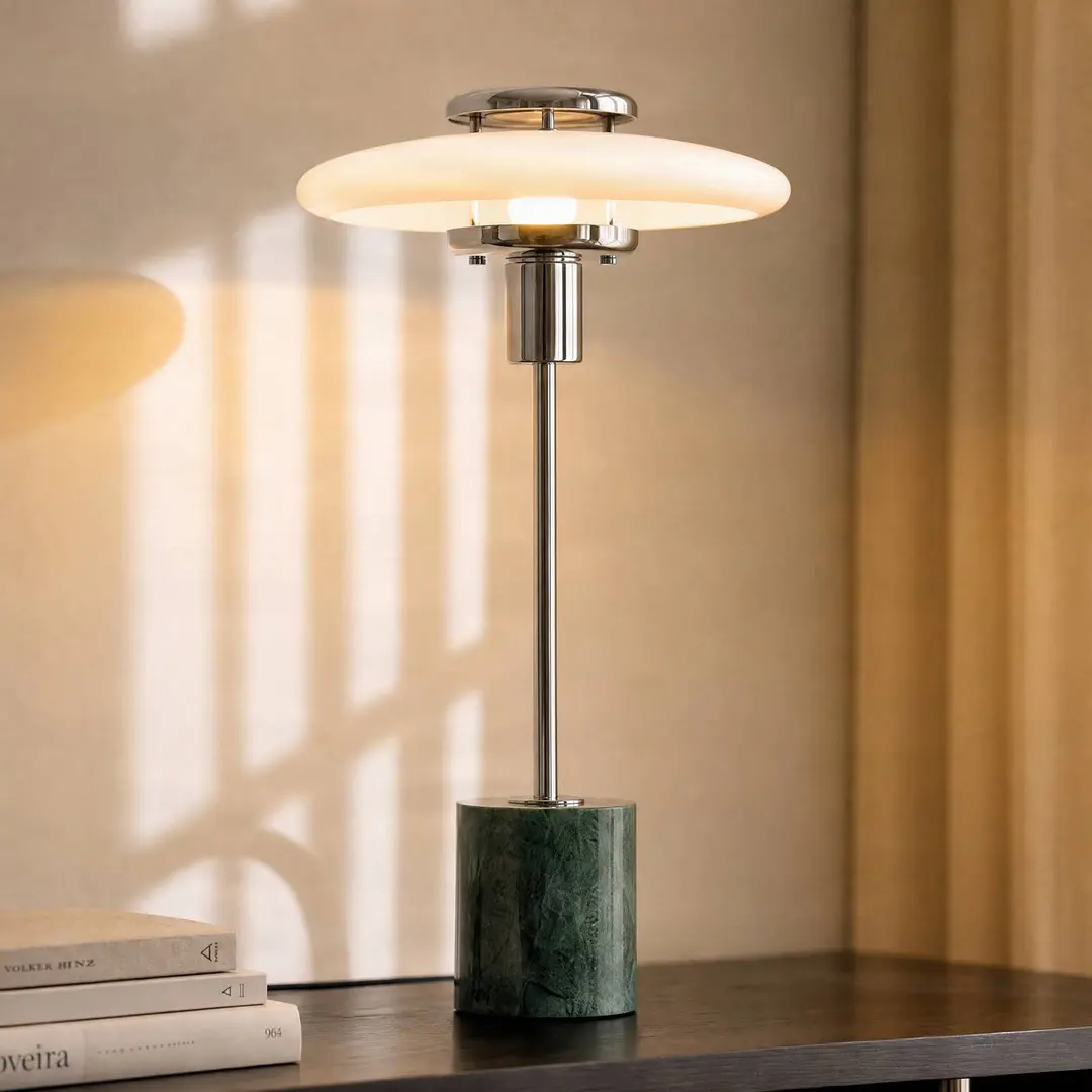 Lindby Tischlampe Branford, Retro, weiß/grün Opalglas/Marmor
