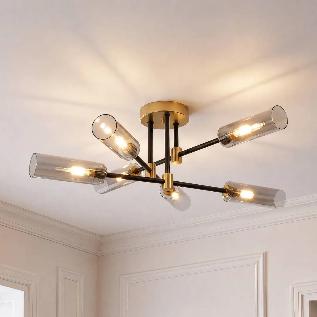 Lamkur Deckenlampe Tessa, rauchgrau/schwarz/messing, Glas, G9