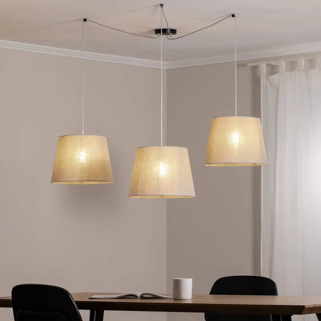 EMIBIG LIGHTING Pendellampe Ascot, beigefarben, Stoff, 3-flg., dezentral