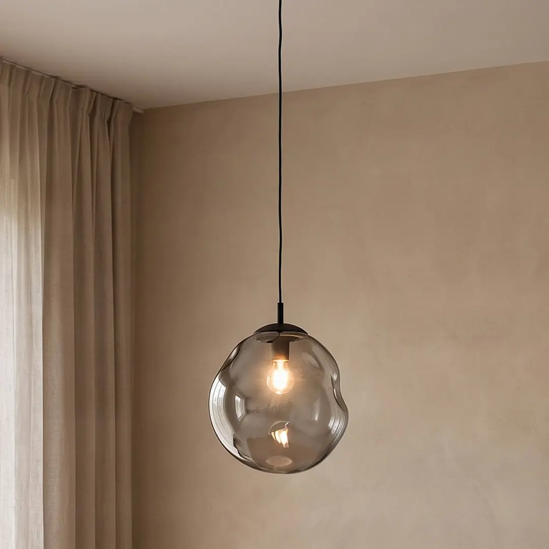 TK Lighting Glas-Hängeleuchte Sol, Ø 35cm, schwarz/rauchgrau