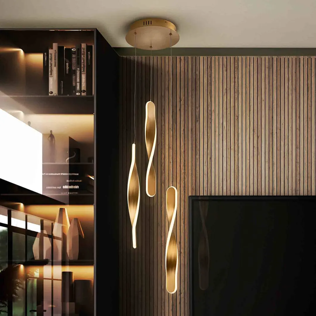 Schuller Valencia LED-Hängeleuchte Twist, 3-fl. Alu, Metall, Acryl, goldfarben