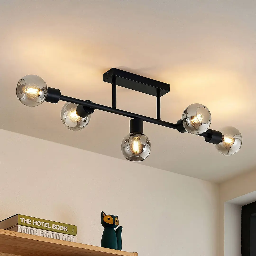 Lindby Deckenlampe Biscala, 5-flg., schwarz/rauch, E14