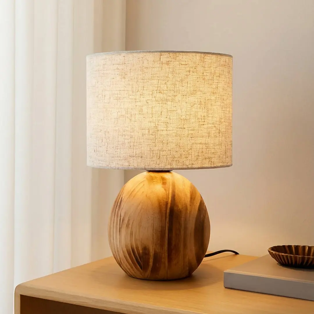 Lindby Tischleuchte Mayumi, Höhe 31 cm, Holz, Textil, E27