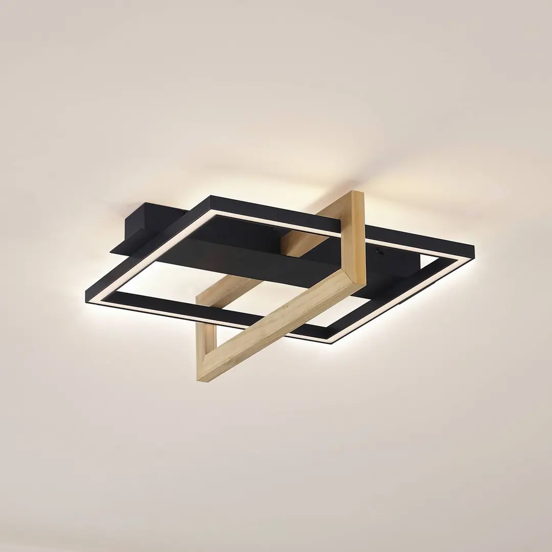 Lindby LED-Deckenleuchte Holamu, 46cm, schwarz, Holz, Metall