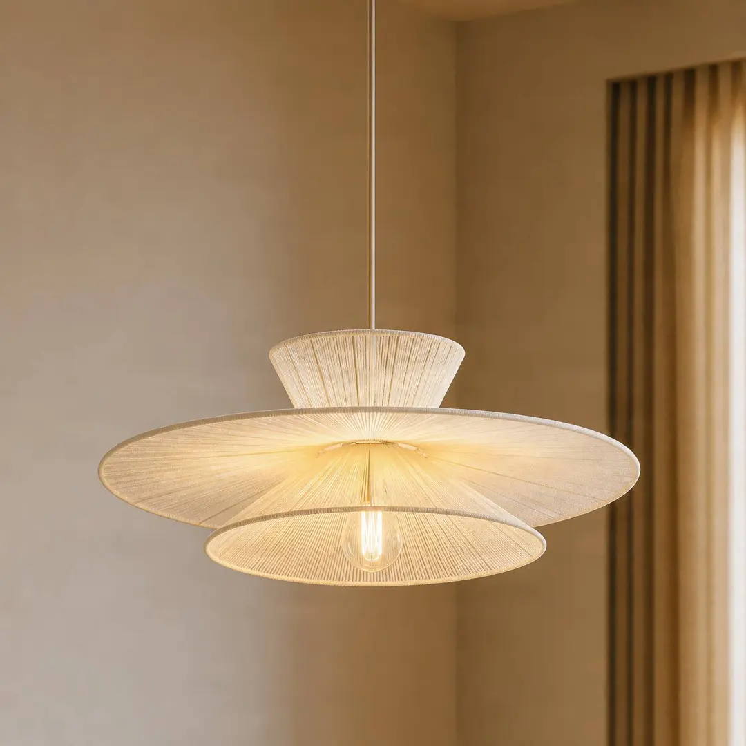 Lucande Hängeleuchte Novie, beige, Baumwolle, Ø 50 cm