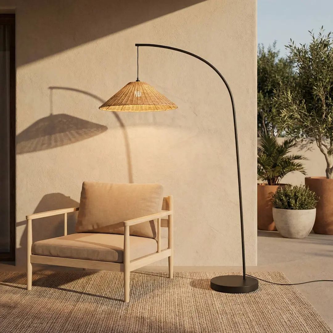 Lucande Außenstehlampe Taniola, konisch, Rattan, 195cm, IP44