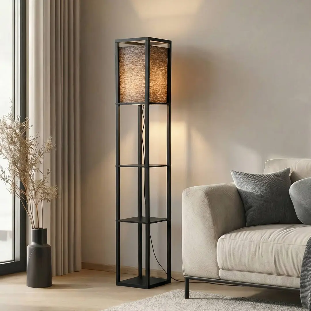 Lindby Stehleuchte Birta, schwarz, Regal, Holz, 159 cm