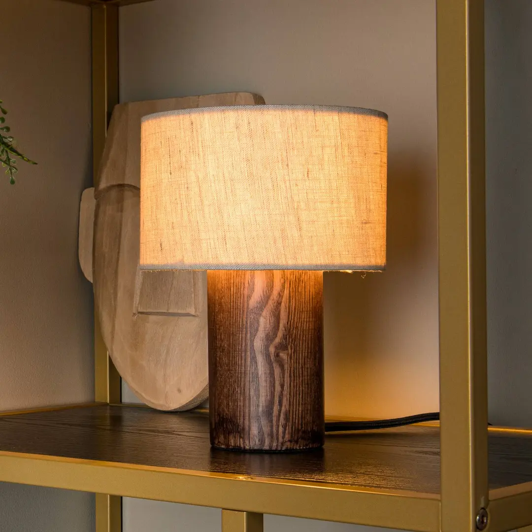 Lucide Tischlampe Tachina, Höhe 20 cm, braun/natur, Holz/Stoff