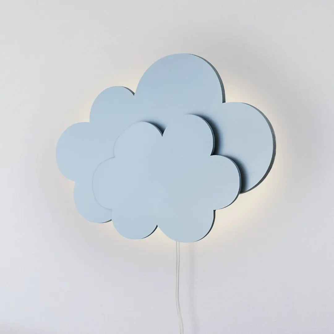 Elobra LED-Wandleuchte Wölkchen mit Stecker, blau, Holz, dimmbar