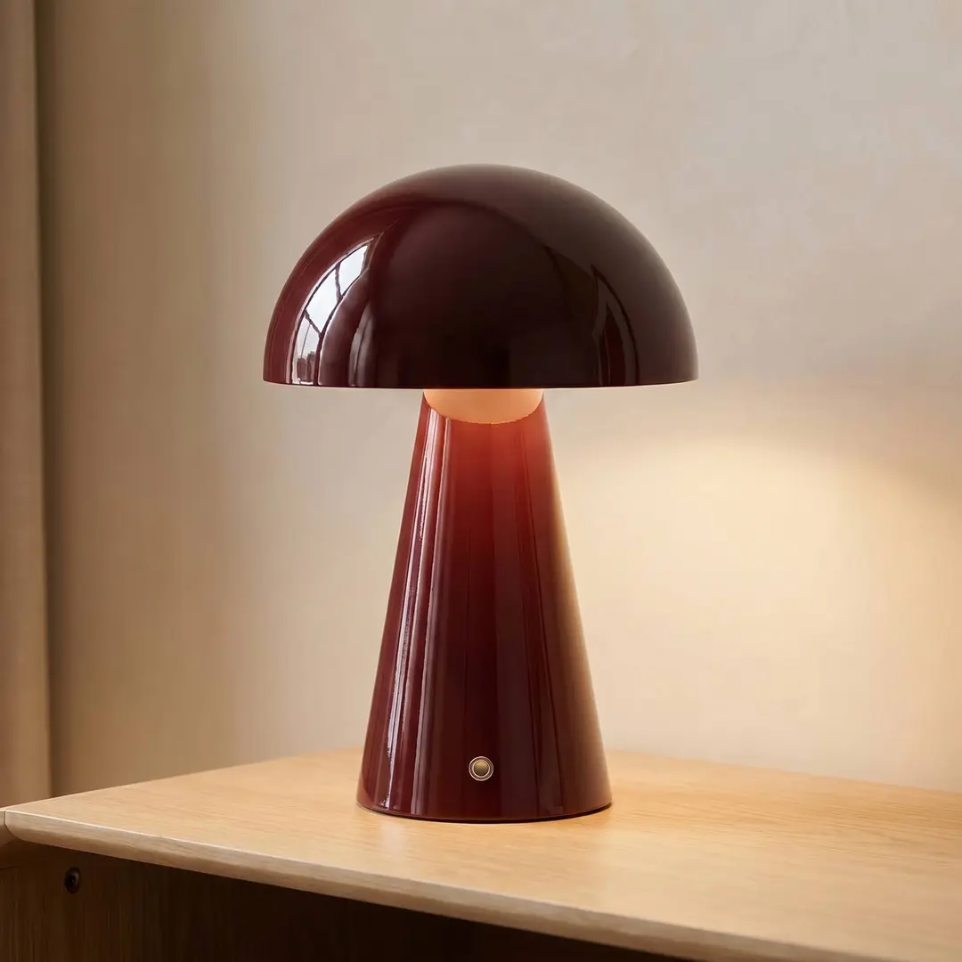 Lindby LED-Akkutischlampe Nevijo, rot, Ø20cm, USB, Dimmer