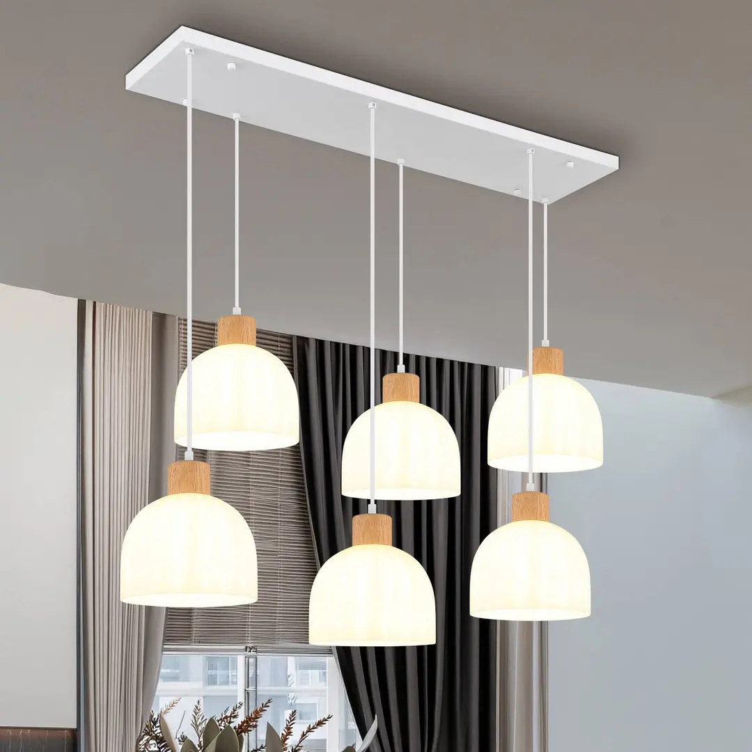 Globo Hängeleuchte Swanson Länge 105 cm weiß/braun Glas/Holz 6fl