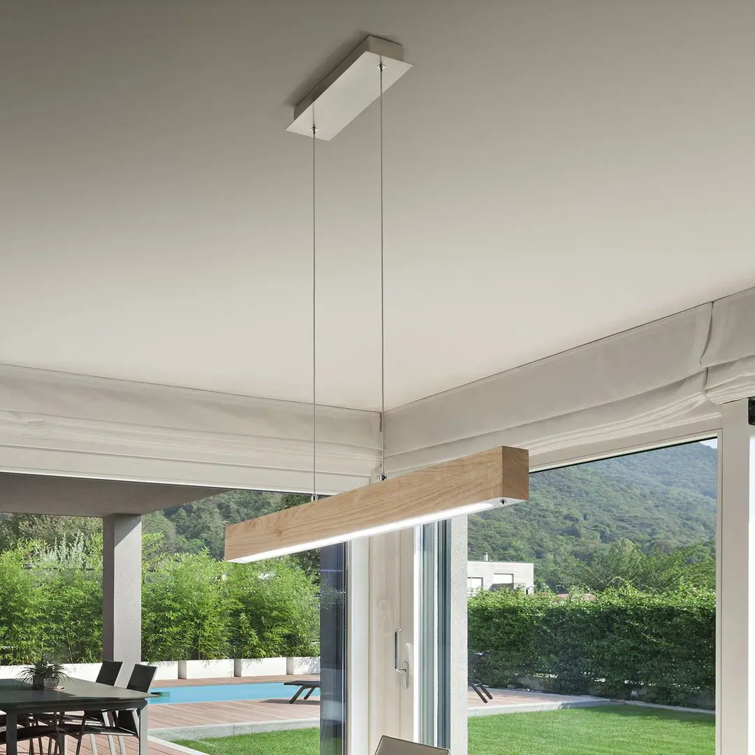 Fabas Luce LED-Hängeleuchte Badia, Tastdimmer, Eichenholz, Länge 110 cm