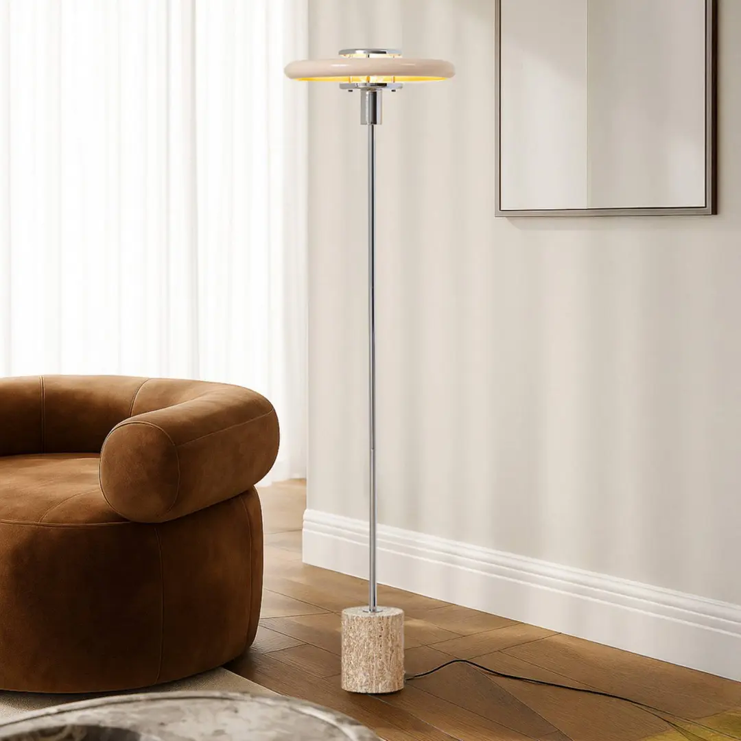 Lindby Stehleuchte Branford, Retro, beige, Metall/Travertin