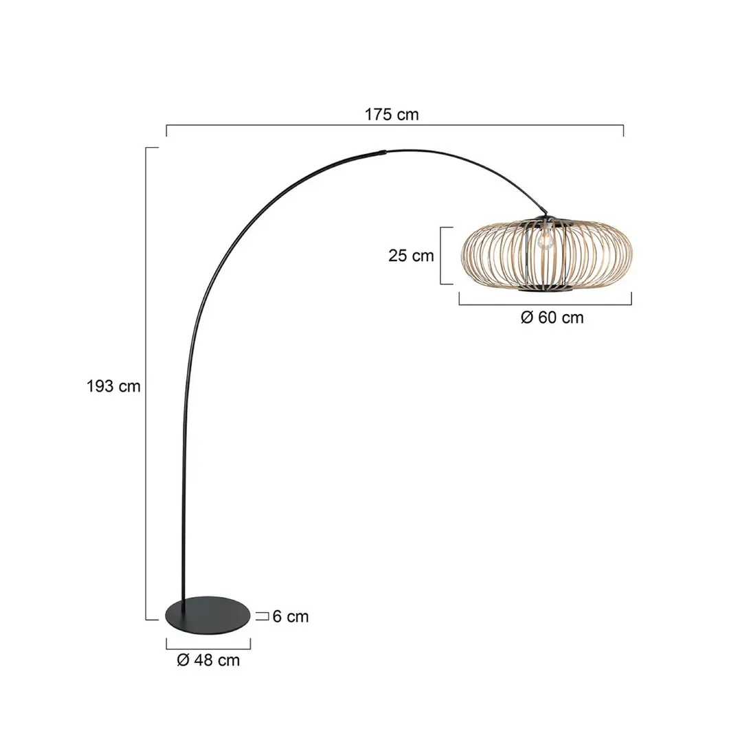 Anne Light Bogenleuchte Curve, schwarz, Schirm Bambusstreben Ø 60 cm