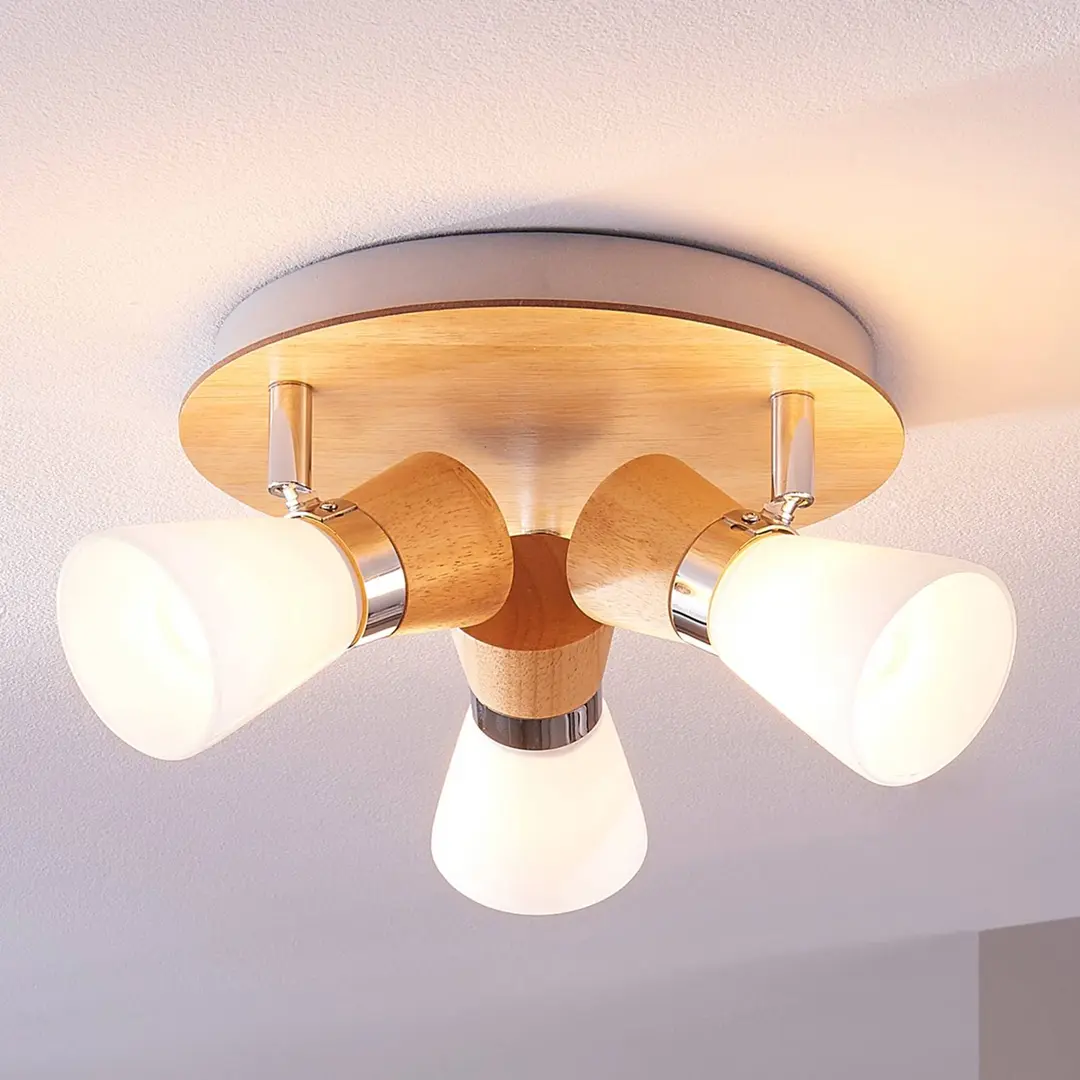 Lindby Deckenlampe Vivica, Ø 26 cm, chrom/Holz, 3-flammig