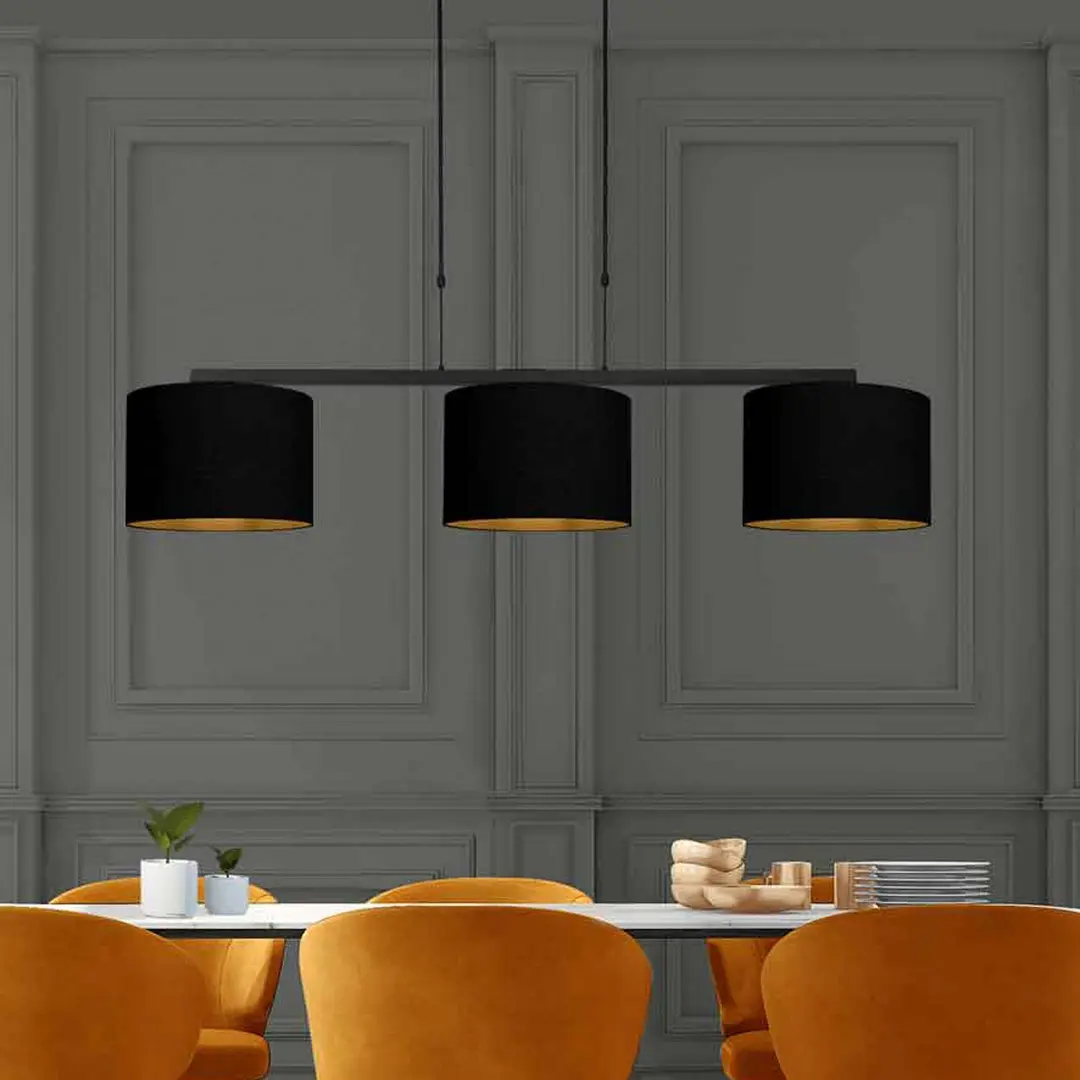Steinhauer Hängelampe Stang, schwarz/schwarz-gold, Länge 140 cm, 3-flg.