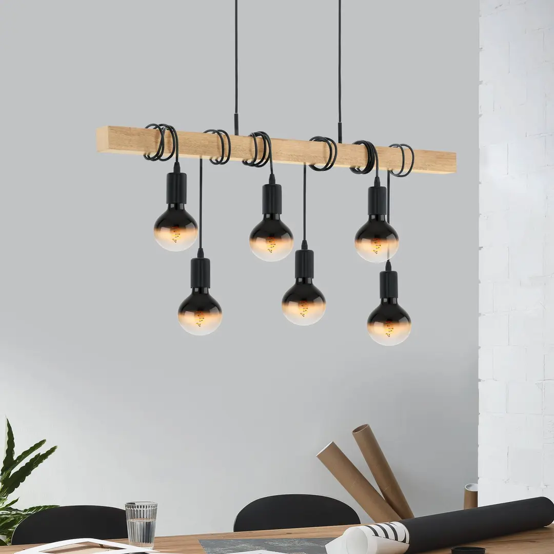 EGLO Pendellampe Townshend mit Holz, sechsflammig
