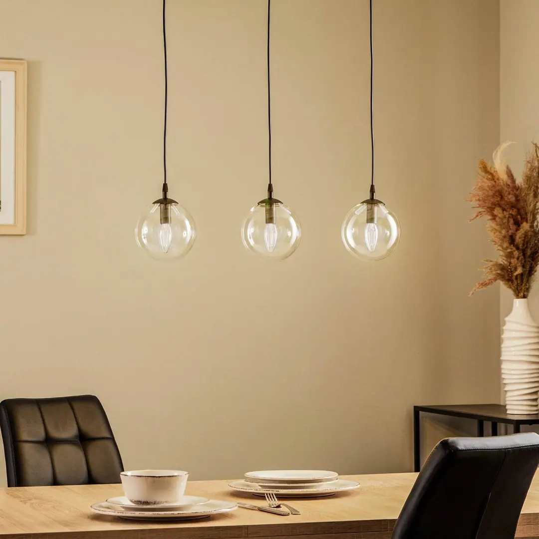 EMIBIG LIGHTING Hängeleuchte Glassy, 3-flg., gerade, schwarz, klar, Glas