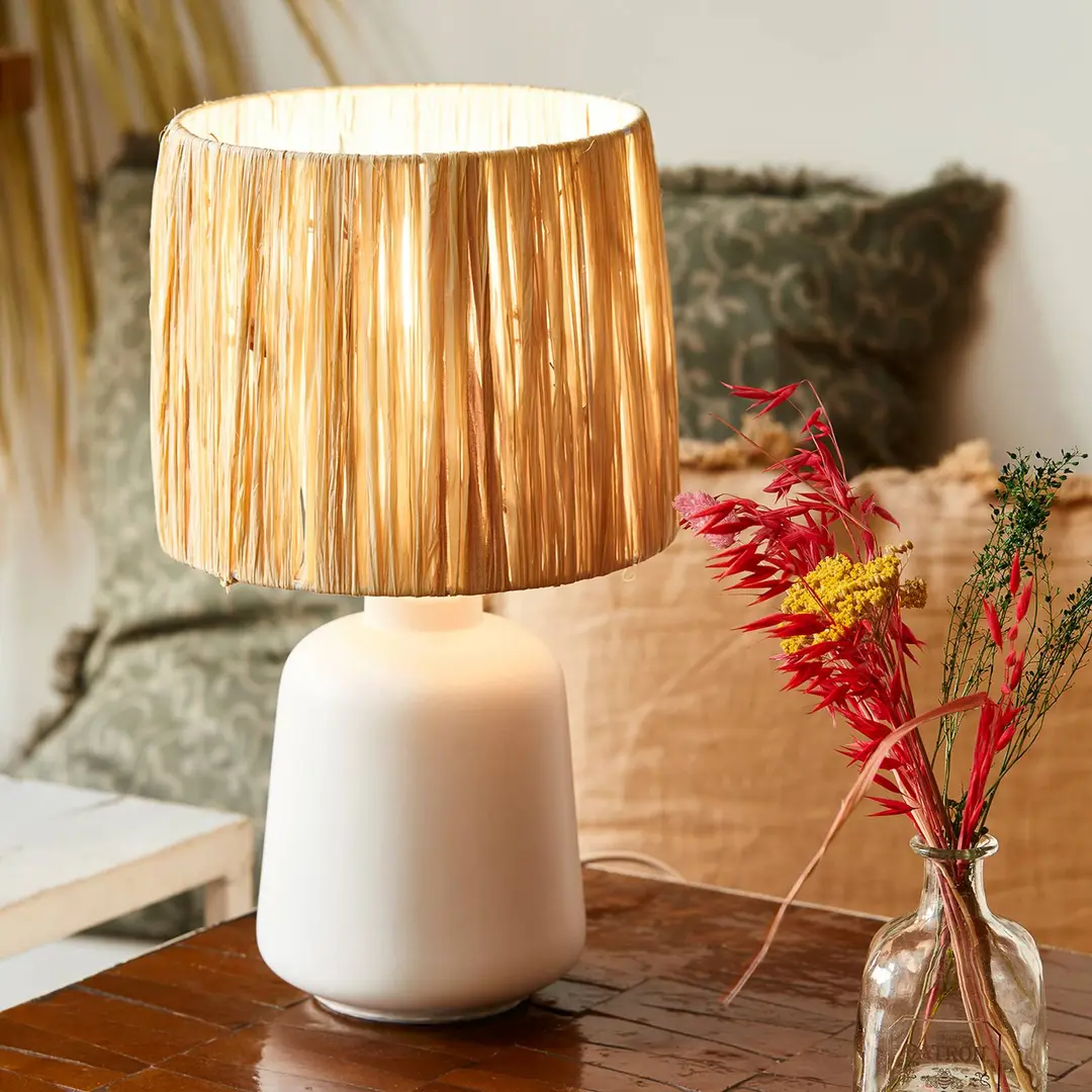 COREP Tischlampe Paros, weiß/natur, Höhe 34 cm, Bast/Keramik